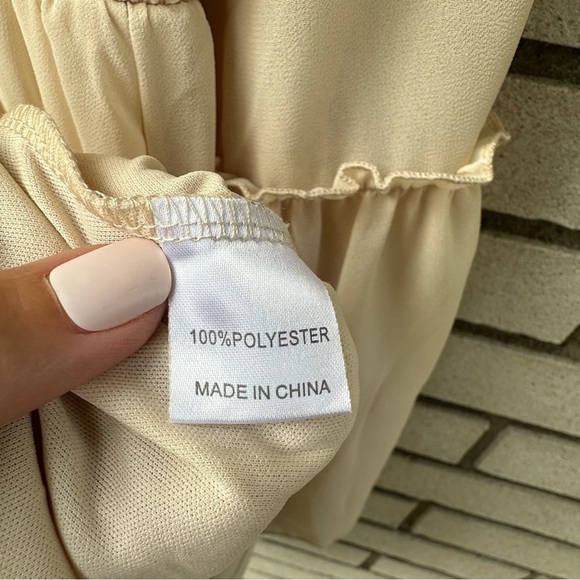 NWT Missord Cream Chiffon Ruffle Mini Dress XL Plunge V Neck Long Bell Sleeve - Picture 9 of 16